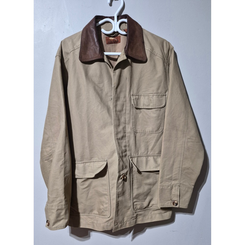 Bob Timberlake Mens Tan Cotton Canvas Field Jacket Leather Collar Chore Coat L